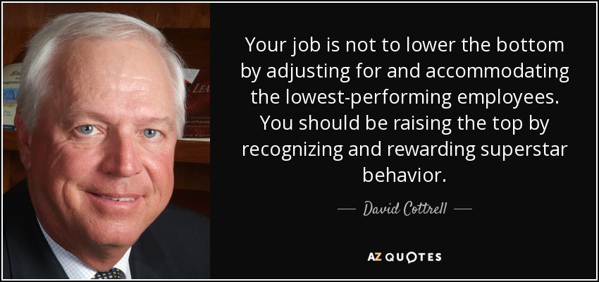 Your job is not to lower the bottom by adjusting for and accommodating the lowest-performing employees. You should be raising the top by recognizing and rewarding superstar behavior. - David Cottrell