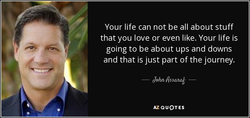 Your life can not be all about stuff that you love or even like. Your life is going to be about ups and downs and that is just part of the journey. - John Assaraf