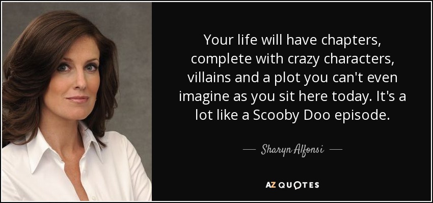 Your life will have chapters, complete with crazy characters, villains and a plot you can't even imagine as you sit here today. It's a lot like a Scooby Doo episode. - Sharyn Alfonsi