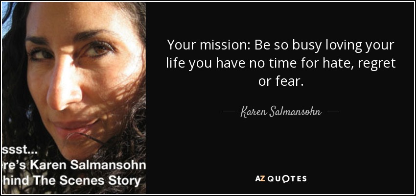 Your mission: Be so busy loving your life you have no time for hate, regret or fear. - Karen Salmansohn