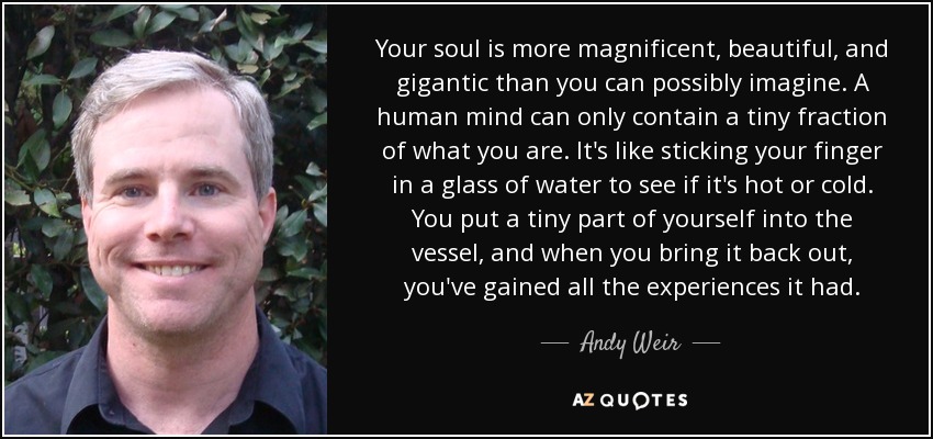 Your soul is more magnificent, beautiful, and gigantic than you can possibly imagine. A human mind can only contain a tiny fraction of what you are. It's like sticking your finger in a glass of water to see if it's hot or cold. You put a tiny part of yourself into the vessel, and when you bring it back out, you've gained all the experiences it had. - Andy Weir