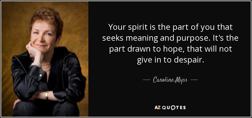 Your spirit is the part of you that seeks meaning and purpose. It's the part drawn to hope, that will not give in to despair. - Caroline Myss