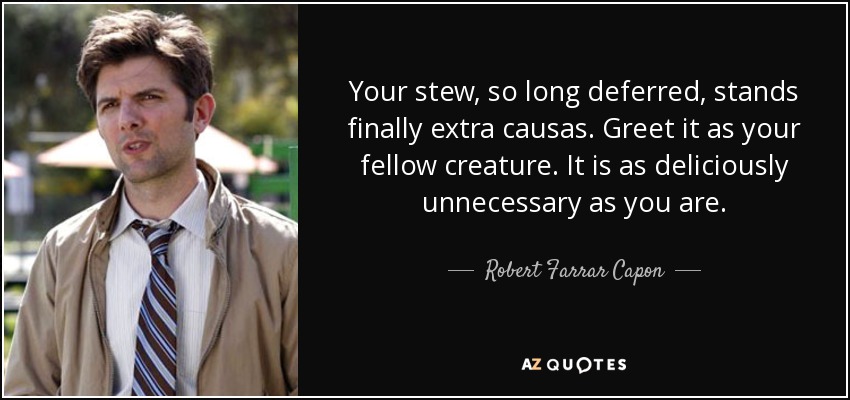 Your stew, so long deferred, stands finally extra causas. Greet it as your fellow creature. It is as deliciously unnecessary as you are. - Robert Farrar Capon