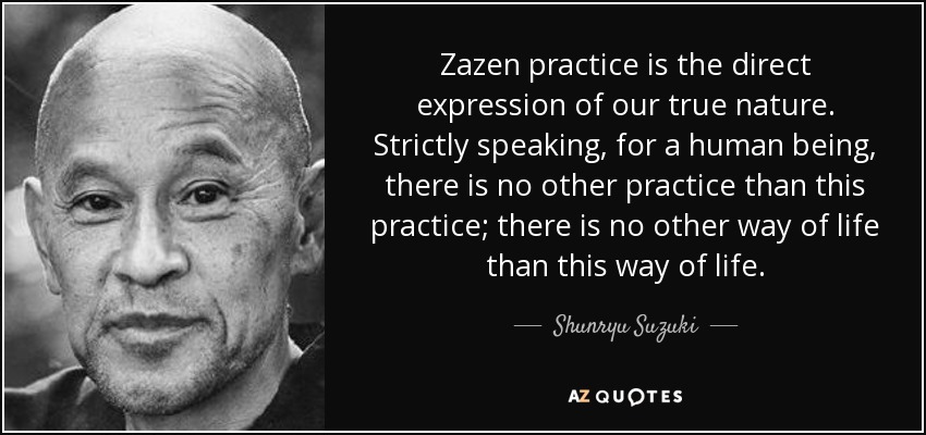 Zazen practice is the direct expression of our true nature. Strictly speaking, for a human being, there is no other practice than this practice; there is no other way of life than this way of life. - Shunryu Suzuki