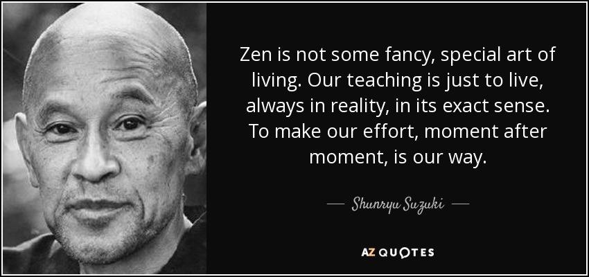Zen is not some fancy, special art of living. Our teaching is just to live, always in reality, in its exact sense. To make our effort, moment after moment, is our way. - Shunryu Suzuki