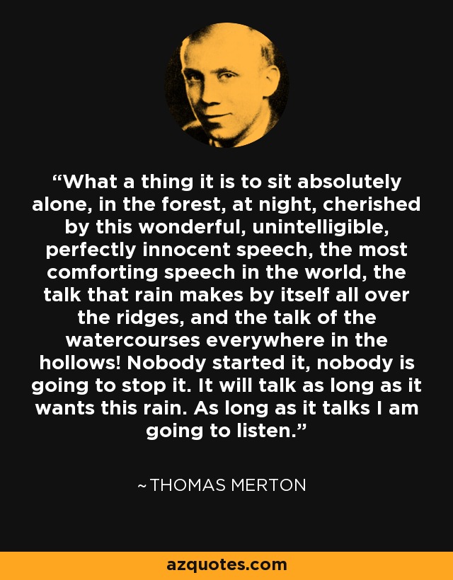 What a thing it is to sit absolutely alone, in the forest, at night, cherished by this wonderful, unintelligible, perfectly innocent speech, the most comforting speech in the world, the talk that rain makes by itself all over the ridges, and the talk of the watercourses everywhere in the hollows! Nobody started it, nobody is going to stop it. It will talk as long as it wants this rain. As long as it talks I am going to listen. - Thomas Merton