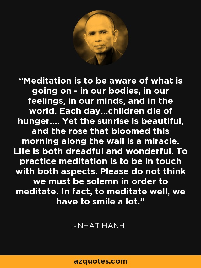 Meditation is to be aware of what is going on - in our bodies, in our feelings, in our minds, and in the world. Each day...children die of hunger.... Yet the sunrise is beautiful, and the rose that bloomed this morning along the wall is a miracle. Life is both dreadful and wonderful. To practice meditation is to be in touch with both aspects. Please do not think we must be solemn in order to meditate. In fact, to meditate well, we have to smile a lot. - Nhat Hanh