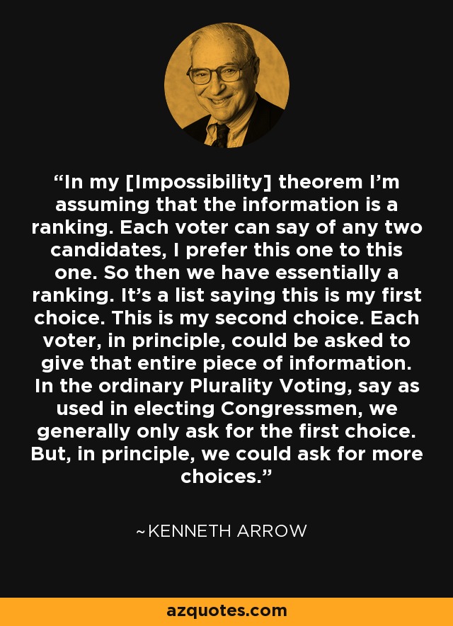 In my [Impossibility] theorem I'm assuming that the information is a ranking. Each voter can say of any two candidates, I prefer this one to this one. So then we have essentially a ranking. It's a list saying this is my first choice. This is my second choice. Each voter, in principle, could be asked to give that entire piece of information. In the ordinary Plurality Voting, say as used in electing Congressmen, we generally only ask for the first choice. But, in principle, we could ask for more choices. - Kenneth Arrow