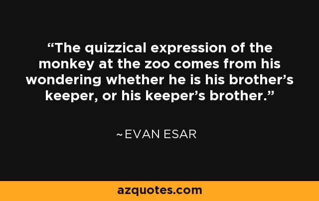 The quizzical expression of the monkey at the zoo comes from his wondering whether he is his brother's keeper, or his keeper's brother. - Evan Esar
