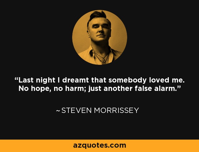 Last night I dreamt that somebody loved me. No hope, no harm; just another false alarm. - Steven Morrissey