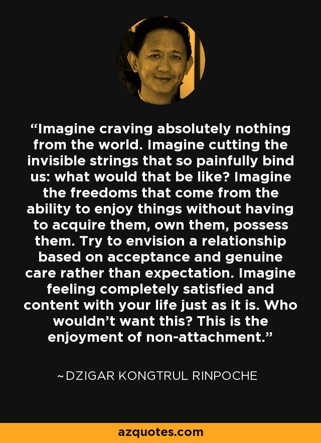 Imagine craving absolutely nothing from the world. Imagine cutting the invisible strings that so painfully bind us: what would that be like? Imagine the freedoms that come from the ability to enjoy things without having to acquire them, own them, possess them. Try to envision a relationship based on acceptance and genuine care rather than expectation. Imagine feeling completely satisfied and content with your life just as it is. Who wouldn't want this? This is the enjoyment of non-attachment. - Dzigar Kongtrul Rinpoche