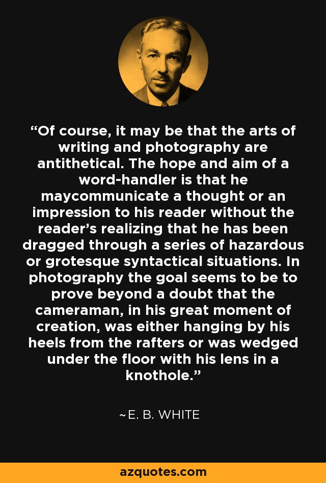 Of course, it may be that the arts of writing and photography are antithetical. The hope and aim of a word-handler is that he maycommunicate a thought or an impression to his reader without the reader's realizing that he has been dragged through a series of hazardous or grotesque syntactical situations. In photography the goal seems to be to prove beyond a doubt that the cameraman, in his great moment of creation, was either hanging by his heels from the rafters or was wedged under the floor with his lens in a knothole. - E. B. White