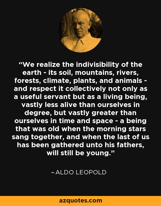 We realize the indivisibility of the earth - its soil, mountains, rivers, forests, climate, plants, and animals - and respect it collectively not only as a useful servant but as a living being, vastly less alive than ourselves in degree, but vastly greater than ourselves in time and space - a being that was old when the morning stars sang together, and when the last of us has been gathered unto his fathers, will still be young. - Aldo Leopold