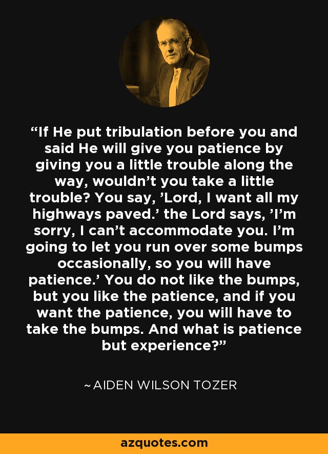 If He put tribulation before you and said He will give you patience by giving you a little trouble along the way, wouldn't you take a little trouble? You say, 'Lord, I want all my highways paved.' the Lord says, 'I'm sorry, I can't accommodate you. I'm going to let you run over some bumps occasionally, so you will have patience.' You do not like the bumps, but you like the patience, and if you want the patience, you will have to take the bumps. And what is patience but experience? - Aiden Wilson Tozer