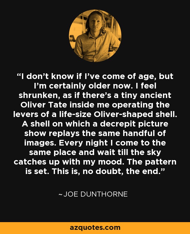 I don't know if I've come of age, but I'm certainly older now. I feel shrunken, as if there's a tiny ancient Oliver Tate inside me operating the levers of a life-size Oliver-shaped shell. A shell on which a decrepit picture show replays the same handful of images. Every night I come to the same place and wait till the sky catches up with my mood. The pattern is set. This is, no doubt, the end. - Joe Dunthorne