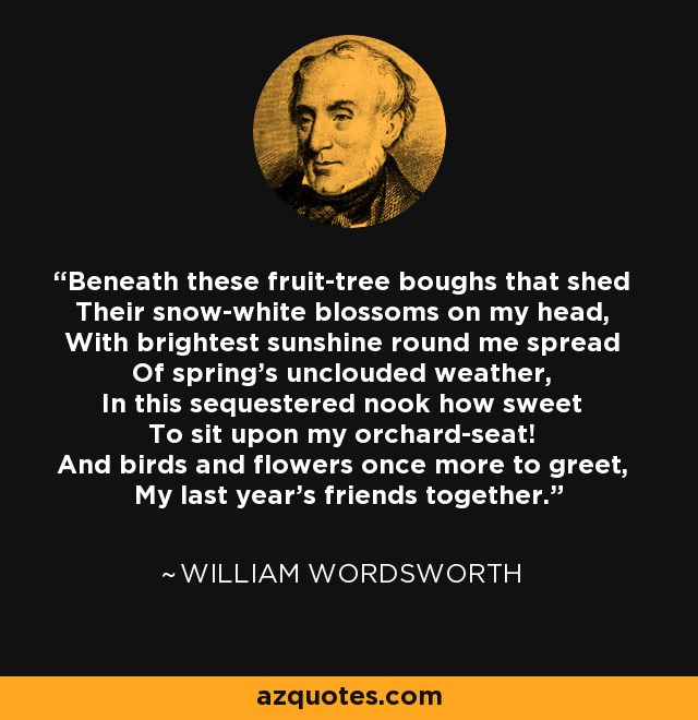 Beneath these fruit-tree boughs that shed Their snow-white blossoms on my head, With brightest sunshine round me spread Of spring's unclouded weather, In this sequestered nook how sweet To sit upon my orchard-seat! And birds and flowers once more to greet, My last year's friends together. - William Wordsworth