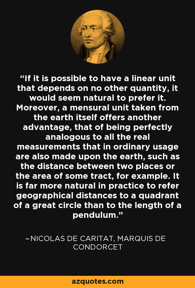 If it is possible to have a linear unit that depends on no other quantity, it would seem natural to prefer it. Moreover, a mensural unit taken from the earth itself offers another advantage, that of being perfectly analogous to all the real measurements that in ordinary usage are also made upon the earth, such as the distance between two places or the area of some tract, for example. It is far more natural in practice to refer geographical distances to a quadrant of a great circle than to the length of a pendulum. - Nicolas de Caritat, marquis de Condorcet