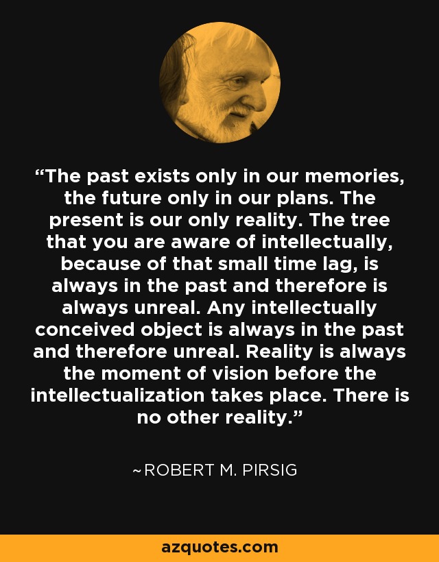 The past exists only in our memories, the future only in our plans. The present is our only reality. The tree that you are aware of intellectually, because of that small time lag, is always in the past and therefore is always unreal. Any intellectually conceived object is always in the past and therefore unreal. Reality is always the moment of vision before the intellectualization takes place. There is no other reality. - Robert M. Pirsig