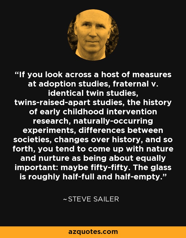 If you look across a host of measures at adoption studies, fraternal v. identical twin studies, twins-raised-apart studies, the history of early childhood intervention research, naturally-occurring experiments, differences between societies, changes over history, and so forth, you tend to come up with nature and nurture as being about equally important: maybe fifty-fifty. The glass is roughly half-full and half-empty. - Steve Sailer