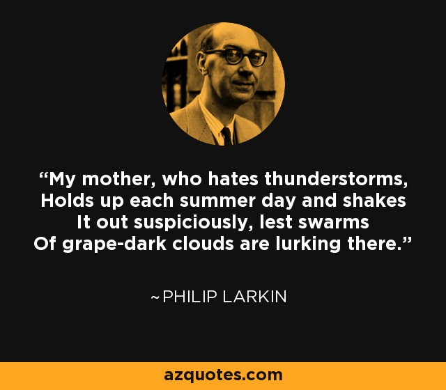 My mother, who hates thunderstorms, Holds up each summer day and shakes It out suspiciously, lest swarms Of grape-dark clouds are lurking there. - Philip Larkin