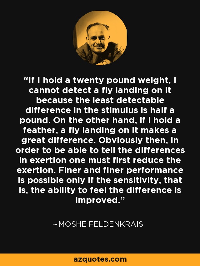 If I hold a twenty pound weight, I cannot detect a fly landing on it because the least detectable difference in the stimulus is half a pound. On the other hand, if i hold a feather, a fly landing on it makes a great difference. Obviously then, in order to be able to tell the differences in exertion one must first reduce the exertion. Finer and finer performance is possible only if the sensitivity, that is, the ability to feel the difference is improved. - Moshe Feldenkrais