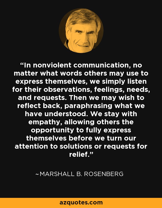 In nonviolent communication, no matter what words others may use to express themselves, we simply listen for their observations, feelings, needs, and requests. Then we may wish to reflect back, paraphrasing what we have understood. We stay with empathy, allowing others the opportunity to fully express themselves before we turn our attention to solutions or requests for relief. - Marshall B. Rosenberg