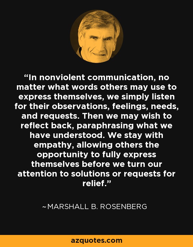 In nonviolent communication, no matter what words others may use to express themselves, we simply listen for their observations, feelings, needs, and requests. Then we may wish to reflect back, paraphrasing what we have understood. We stay with empathy, allowing others the opportunity to fully express themselves before we turn our attention to solutions or requests for relief. - Marshall B. Rosenberg