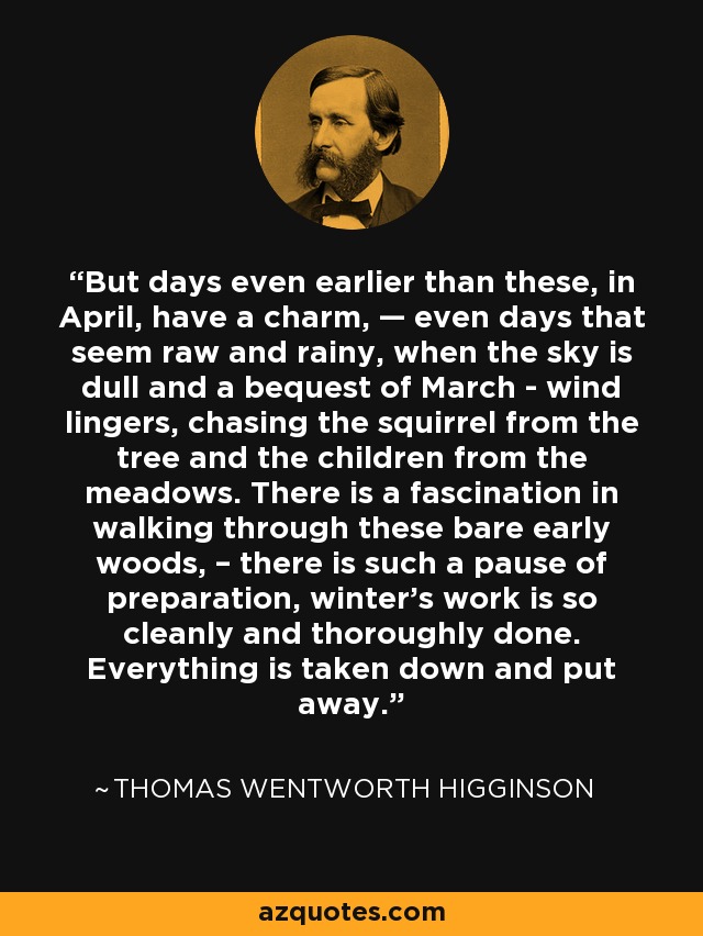 But days even earlier than these, in April, have a charm, — even days that seem raw and rainy, when the sky is dull and a bequest of March - wind lingers, chasing the squirrel from the tree and the children from the meadows. There is a fascination in walking through these bare early woods, – there is such a pause of preparation, winter's work is so cleanly and thoroughly done. Everything is taken down and put away. - Thomas Wentworth Higginson