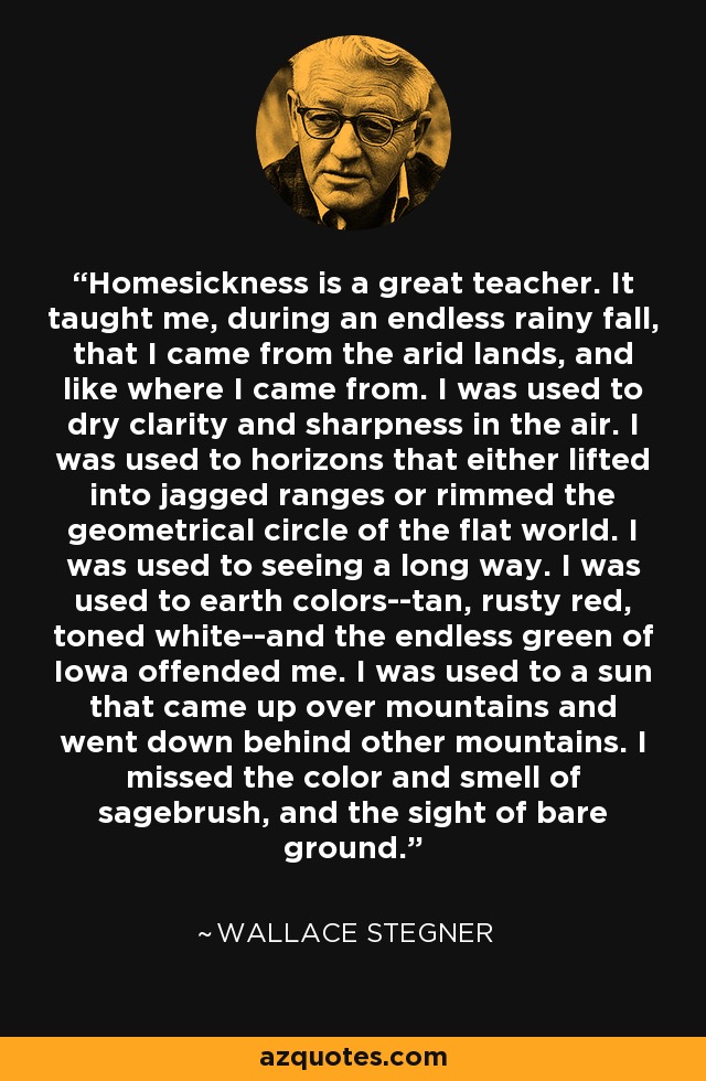Homesickness is a great teacher. It taught me, during an endless rainy fall, that I came from the arid lands, and like where I came from. I was used to dry clarity and sharpness in the air. I was used to horizons that either lifted into jagged ranges or rimmed the geometrical circle of the flat world. I was used to seeing a long way. I was used to earth colors--tan, rusty red, toned white--and the endless green of Iowa offended me. I was used to a sun that came up over mountains and went down behind other mountains. I missed the color and smell of sagebrush, and the sight of bare ground. - Wallace Stegner