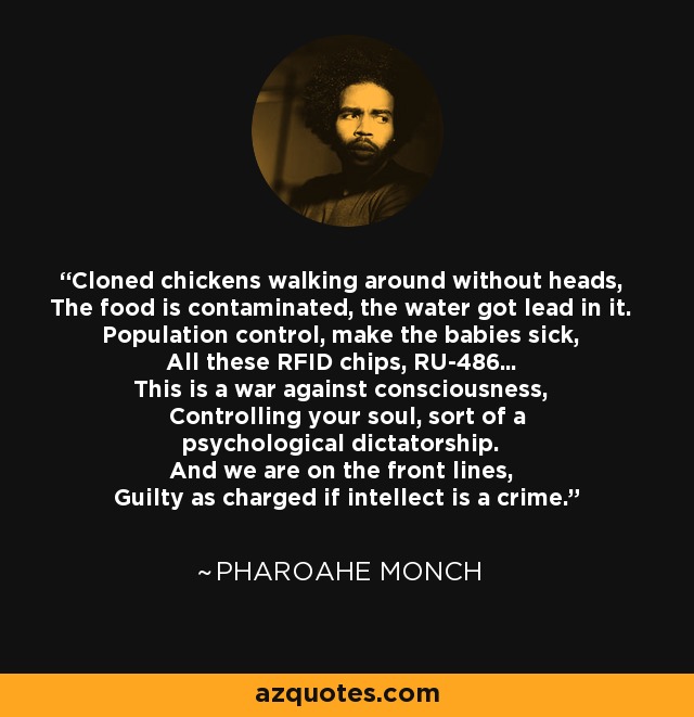 Cloned chickens walking around without heads, The food is contaminated, the water got lead in it. Population control, make the babies sick, All these RFID chips, RU-486... This is a war against consciousness, Controlling your soul, sort of a psychological dictatorship. And we are on the front lines, Guilty as charged if intellect is a crime. - Pharoahe Monch