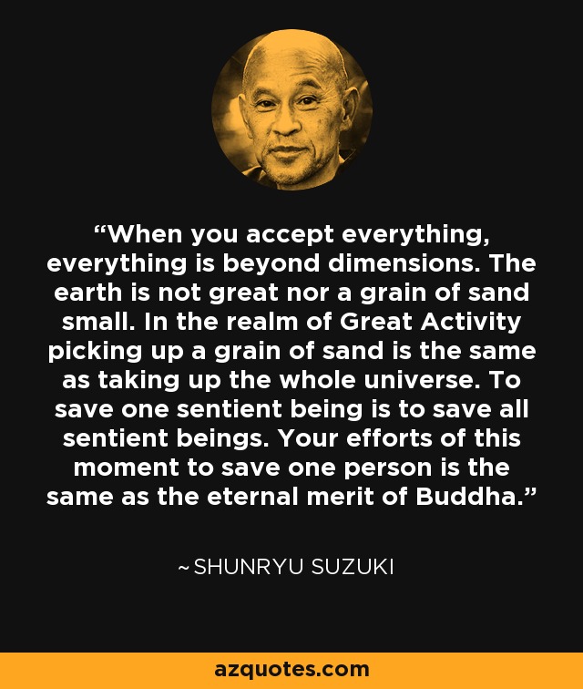 When you accept everything, everything is beyond dimensions. The earth is not great nor a grain of sand small. In the realm of Great Activity picking up a grain of sand is the same as taking up the whole universe. To save one sentient being is to save all sentient beings. Your efforts of this moment to save one person is the same as the eternal merit of Buddha. - Shunryu Suzuki