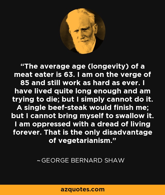The average age (longevity) of a meat eater is 63. I am on the verge of 85 and still work as hard as ever. I have lived quite long enough and am trying to die; but I simply cannot do it. A single beef-steak would finish me; but I cannot bring myself to swallow it. I am oppressed with a dread of living forever. That is the only disadvantage of vegetarianism. - George Bernard Shaw