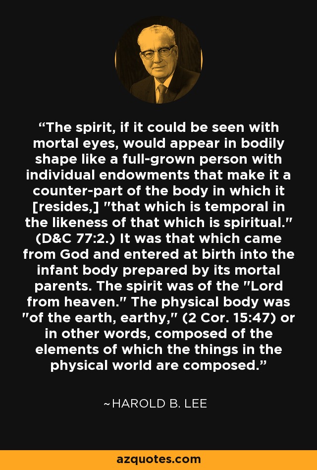 The spirit, if it could be seen with mortal eyes, would appear in bodily shape like a full-grown person with individual endowments that make it a counter-part of the body in which it [resides,] 