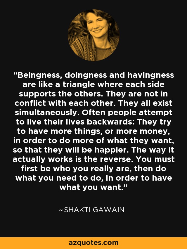 Beingness, doingness and havingness are like a triangle where each side supports the others. They are not in conflict with each other. They all exist simultaneously. Often people attempt to live their lives backwards: They try to have more things, or more money, in order to do more of what they want, so that they will be happier. The way it actually works is the reverse. You must first be who you really are, then do what you need to do, in order to have what you want. - Shakti Gawain