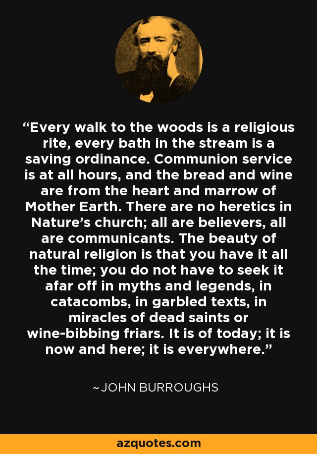 Every walk to the woods is a religious rite, every bath in the stream is a saving ordinance. Communion service is at all hours, and the bread and wine are from the heart and marrow of Mother Earth. There are no heretics in Nature's church; all are believers, all are communicants. The beauty of natural religion is that you have it all the time; you do not have to seek it afar off in myths and legends, in catacombs, in garbled texts, in miracles of dead saints or wine-bibbing friars. It is of today; it is now and here; it is everywhere. - John Burroughs