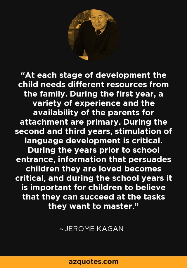 At each stage of development the child needs different resources from the family. During the first year, a variety of experience and the availability of the parents for attachment are primary. During the second and third years, stimulation of language development is critical. During the years prior to school entrance, information that persuades children they are loved becomes critical, and during the school years it is important for children to believe that they can succeed at the tasks they want to master. - Jerome Kagan