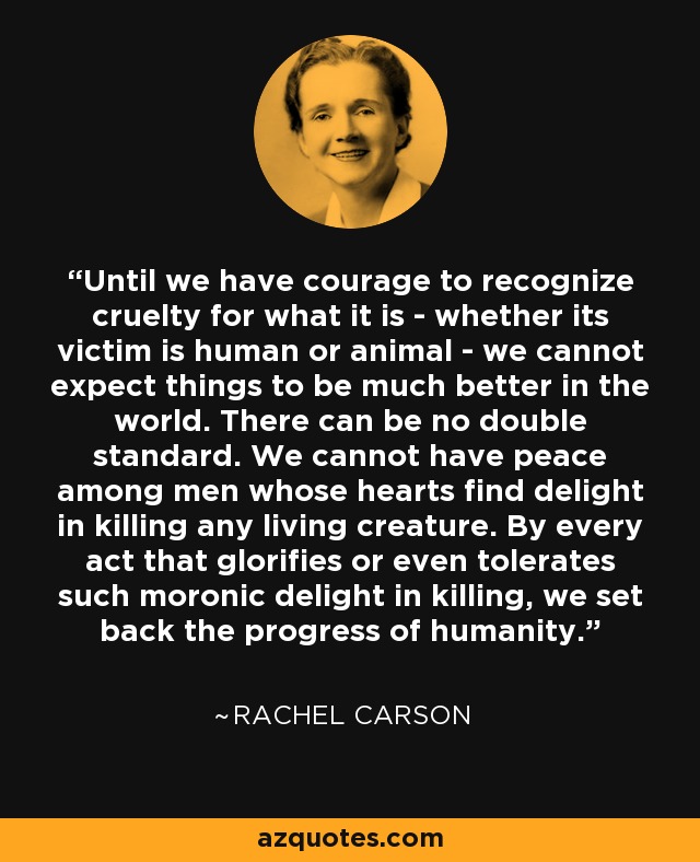 Until we have courage to recognize cruelty for what it is - whether its victim is human or animal - we cannot expect things to be much better in the world. There can be no double standard. We cannot have peace among men whose hearts find delight in killing any living creature. By every act that glorifies or even tolerates such moronic delight in killing, we set back the progress of humanity. - Rachel Carson