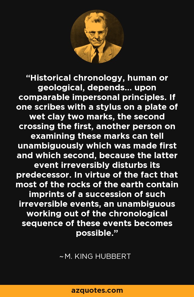 Historical chronology, human or geological, depends... upon comparable impersonal principles. If one scribes with a stylus on a plate of wet clay two marks, the second crossing the first, another person on examining these marks can tell unambiguously which was made first and which second, because the latter event irreversibly disturbs its predecessor. In virtue of the fact that most of the rocks of the earth contain imprints of a succession of such irreversible events, an unambiguous working out of the chronological sequence of these events becomes possible. - M. King Hubbert