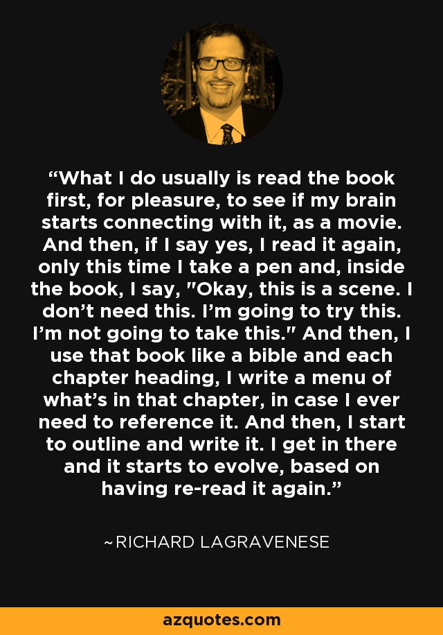 What I do usually is read the book first, for pleasure, to see if my brain starts connecting with it, as a movie. And then, if I say yes, I read it again, only this time I take a pen and, inside the book, I say, 