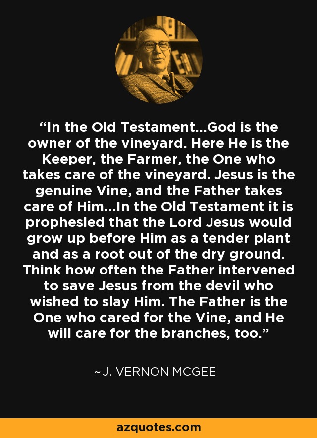 In the Old Testament…God is the owner of the vineyard. Here He is the Keeper, the Farmer, the One who takes care of the vineyard. Jesus is the genuine Vine, and the Father takes care of Him…In the Old Testament it is prophesied that the Lord Jesus would grow up before Him as a tender plant and as a root out of the dry ground. Think how often the Father intervened to save Jesus from the devil who wished to slay Him. The Father is the One who cared for the Vine, and He will care for the branches, too. - J. Vernon McGee