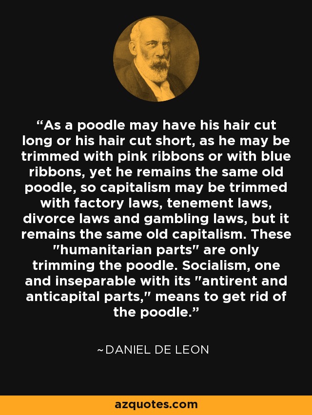 As a poodle may have his hair cut long or his hair cut short, as he may be trimmed with pink ribbons or with blue ribbons, yet he remains the same old poodle, so capitalism may be trimmed with factory laws, tenement laws, divorce laws and gambling laws, but it remains the same old capitalism. These 