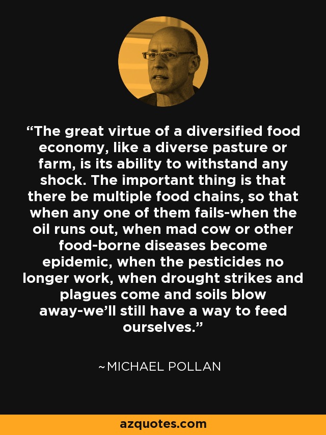 The great virtue of a diversified food economy, like a diverse pasture or farm, is its ability to withstand any shock. The important thing is that there be multiple food chains, so that when any one of them fails-when the oil runs out, when mad cow or other food-borne diseases become epidemic, when the pesticides no longer work, when drought strikes and plagues come and soils blow away-we'll still have a way to feed ourselves. - Michael Pollan
