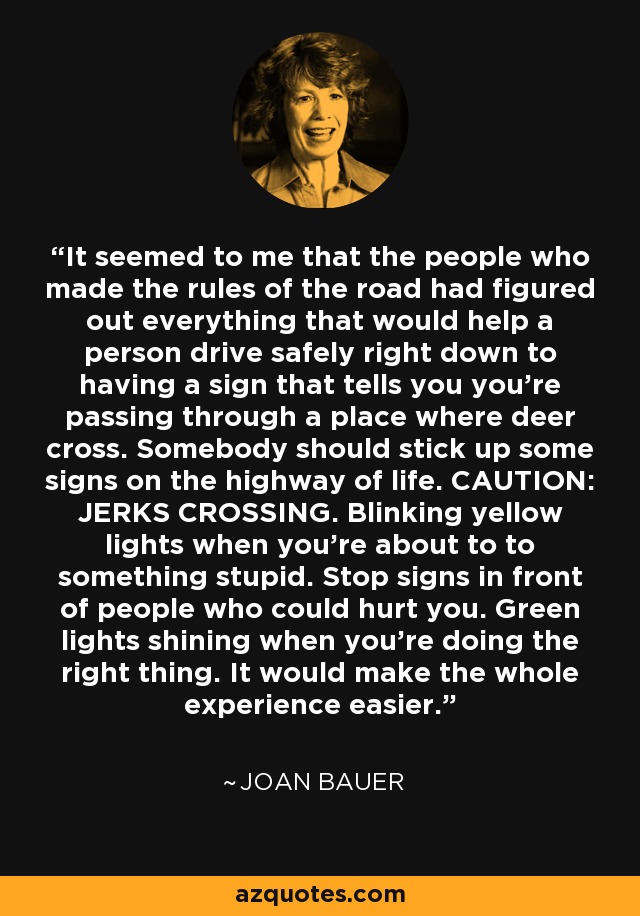 It seemed to me that the people who made the rules of the road had figured out everything that would help a person drive safely right down to having a sign that tells you you're passing through a place where deer cross. Somebody should stick up some signs on the highway of life. CAUTION: JERKS CROSSING. Blinking yellow lights when you're about to to something stupid. Stop signs in front of people who could hurt you. Green lights shining when you're doing the right thing. It would make the whole experience easier. - Joan Bauer