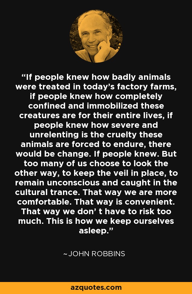 If people knew how badly animals were treated in today's factory farms, if people knew how completely confined and immobilized these creatures are for their entire lives, if people knew how severe and unrelenting is the cruelty these animals are forced to endure, there would be change. If people knew. But too many of us choose to look the other way, to keep the veil in place, to remain unconscious and caught in the cultural trance. That way we are more comfortable. That way is convenient. That way we don' t have to risk too much. This is how we keep ourselves asleep. - John Robbins