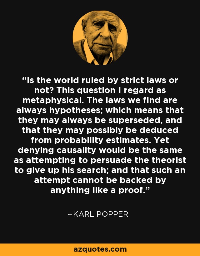 Is the world ruled by strict laws or not? This question I regard as metaphysical. The laws we find are always hypotheses; which means that they may always be superseded, and that they may possibly be deduced from probability estimates. Yet denying causality would be the same as attempting to persuade the theorist to give up his search; and that such an attempt cannot be backed by anything like a proof. - Karl Popper
