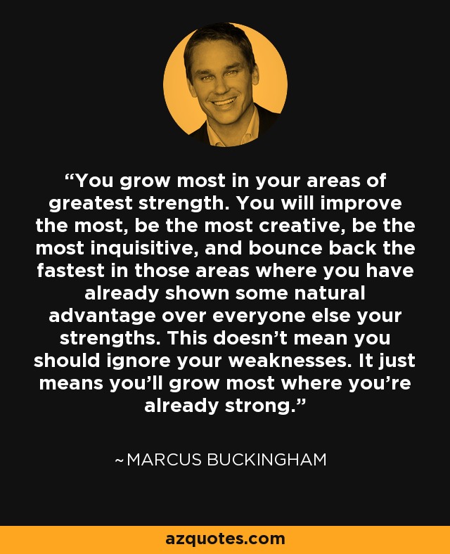 You grow most in your areas of greatest strength. You will improve the most, be the most creative, be the most inquisitive, and bounce back the fastest in those areas where you have already shown some natural advantage over everyone else your strengths. This doesn't mean you should ignore your weaknesses. It just means you'll grow most where you're already strong. - Marcus Buckingham