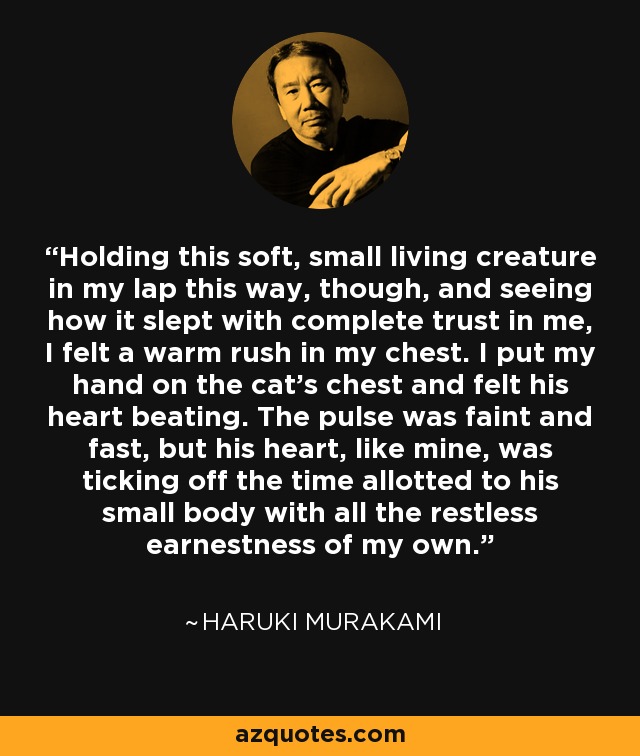 Holding this soft, small living creature in my lap this way, though, and seeing how it slept with complete trust in me, I felt a warm rush in my chest. I put my hand on the cat's chest and felt his heart beating. The pulse was faint and fast, but his heart, like mine, was ticking off the time allotted to his small body with all the restless earnestness of my own. - Haruki Murakami