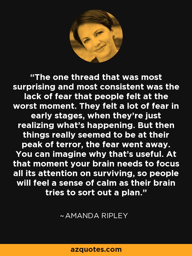 The one thread that was most surprising and most consistent was the lack of fear that people felt at the worst moment. They felt a lot of fear in early stages, when they're just realizing what's happening. But then things really seemed to be at their peak of terror, the fear went away. You can imagine why that's useful. At that moment your brain needs to focus all its attention on surviving, so people will feel a sense of calm as their brain tries to sort out a plan. - Amanda Ripley