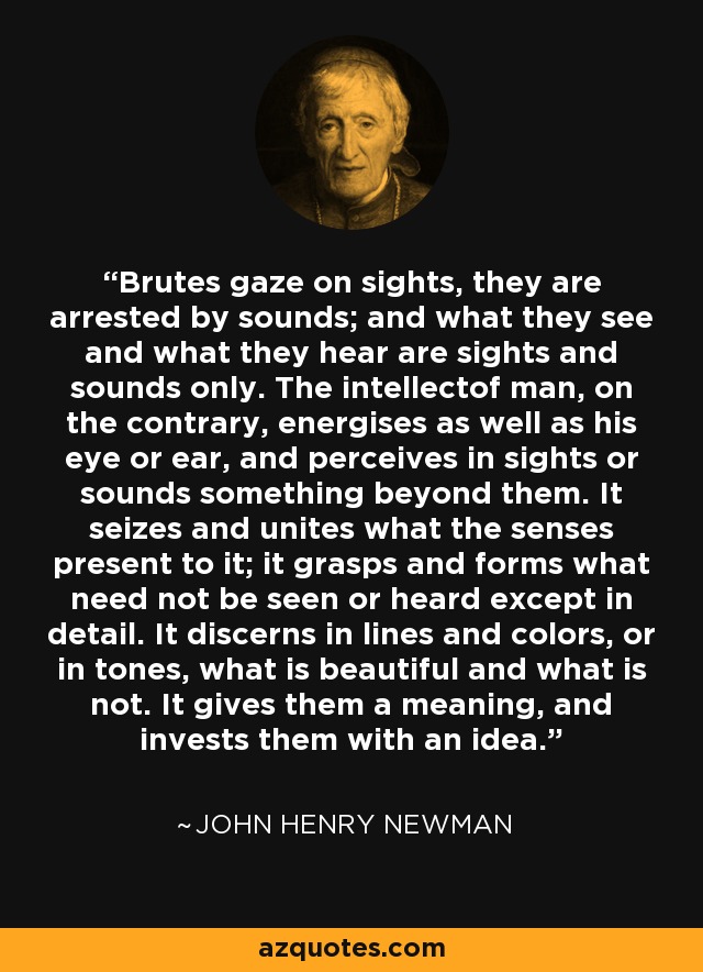 Brutes gaze on sights, they are arrested by sounds; and what they see and what they hear are sights and sounds only. The intellectof man, on the contrary, energises as well as his eye or ear, and perceives in sights or sounds something beyond them. It seizes and unites what the senses present to it; it grasps and forms what need not be seen or heard except in detail. It discerns in lines and colors, or in tones, what is beautiful and what is not. It gives them a meaning, and invests them with an idea. - John Henry Newman