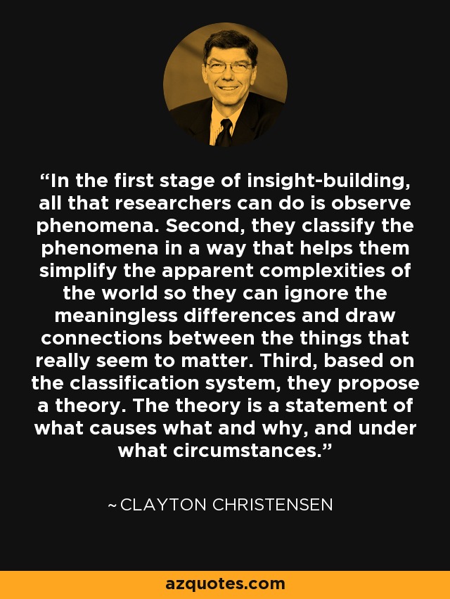 In the first stage of insight-building, all that researchers can do is observe phenomena. Second, they classify the phenomena in a way that helps them simplify the apparent complexities of the world so they can ignore the meaningless differences and draw connections between the things that really seem to matter. Third, based on the classification system, they propose a theory. The theory is a statement of what causes what and why, and under what circumstances. - Clayton Christensen